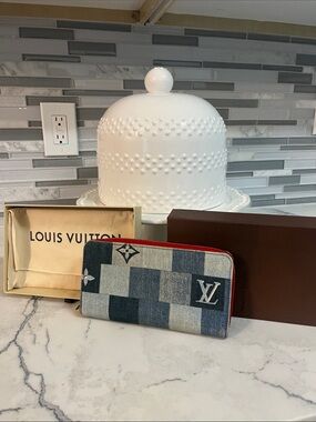 Louis Vuitton Blue Patchwork Denim Zip Around Wallet with Red Trim